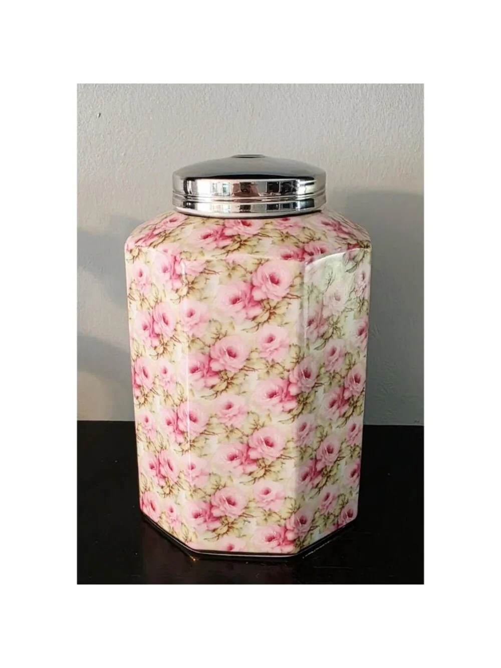 Vintage MCM Royal Staffordshire Pink Floral Biscuit Barrel